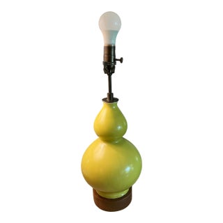 Chinese Monochrome Chartreuse Porcelain Double Gord Lamp With Wooden Base For Sale