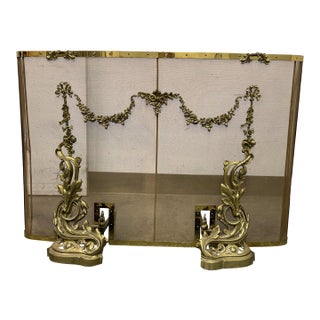 Circa 1930's French Rococo Style Solid Brass Fireplace Screen For Sale