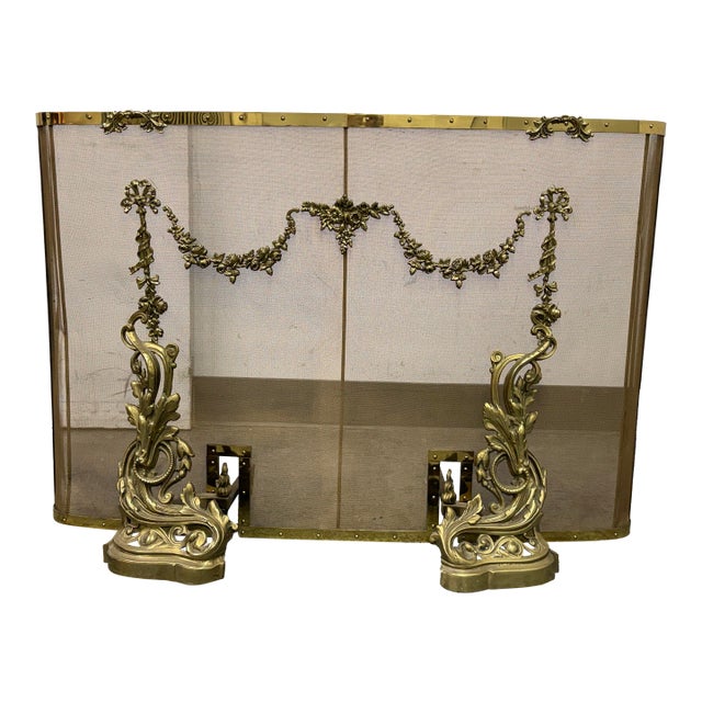 Circa 1930's French Rococo Style Solid Brass Fireplace Screen For Sale