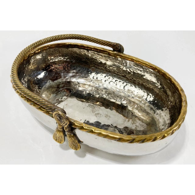 Vintage Heavy Hammered Silver Bowl With Brass Rope Handle For Sale - Image 10 of 10