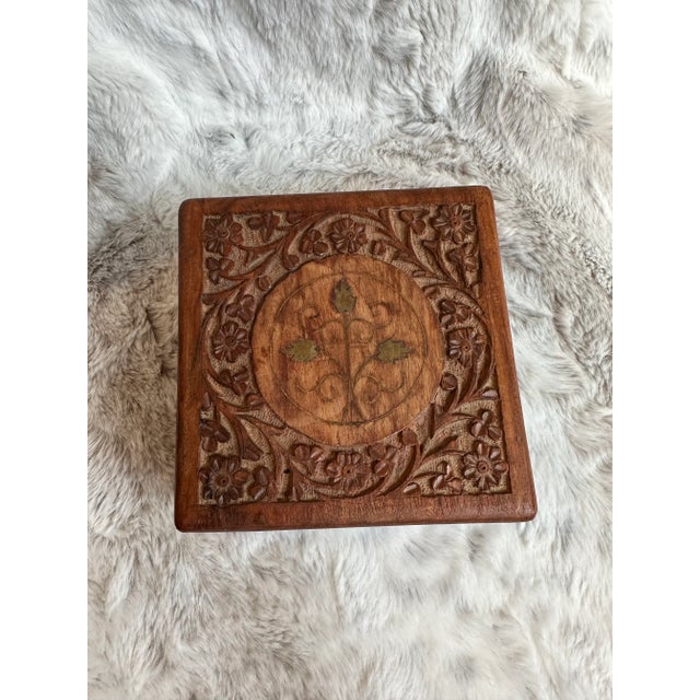 Hand Carved Wood Box With Brass Inlay For Sale - Image 9 of 12