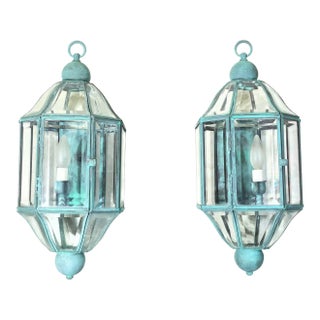Pair of Vintage Solid Brass & Beveled Glass Wall Lantern - Sconces - Verdigris For Sale