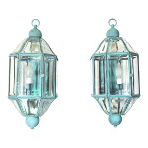 Pair of Vintage Solid Brass & Beveled Glass Wall Lantern - Sconces - Verdigris