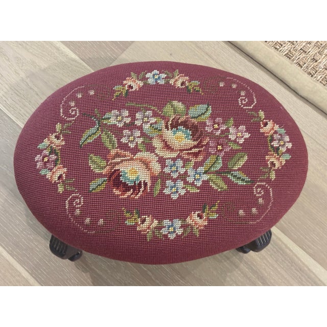 Antique Needlepoint Footstool CIRCA: Early 20th Century MAKER'S MARK: Remnants of paper label on bottom ORGIN: American...