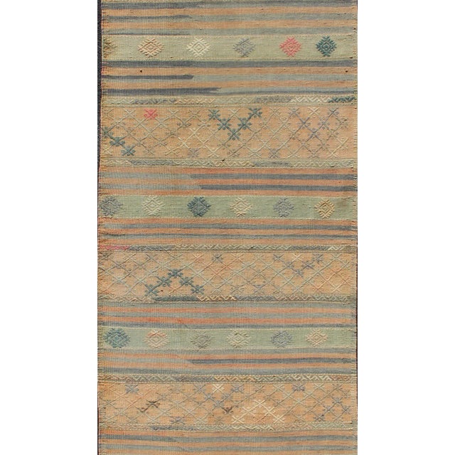 Vintage Hand Woven Turkish Kilim Runner With Geometric Shapes and Colorful Stripes For Sale - Image 4 of 12