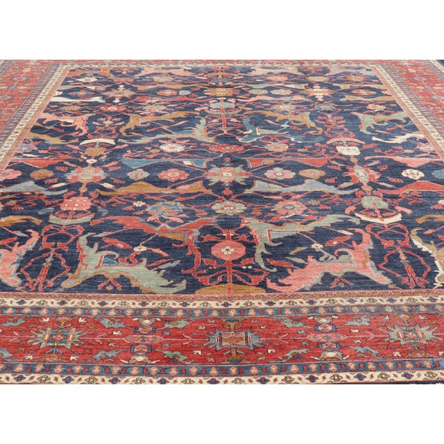 Large Persian Bidjar Rug With Navy Field and Red Border Floral Design For Sale - Image 13 of 16