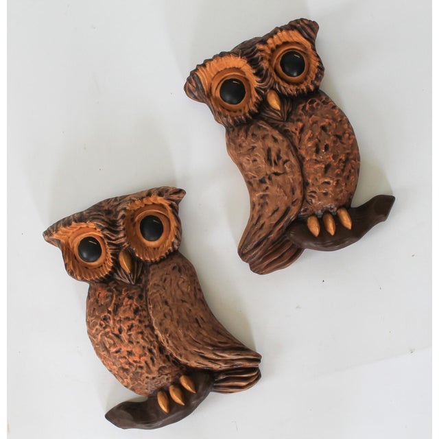 Mid-Century Modern Vintage Ceramic Owl Wall Hangings - a Pair For Sale - Image 3 of 8