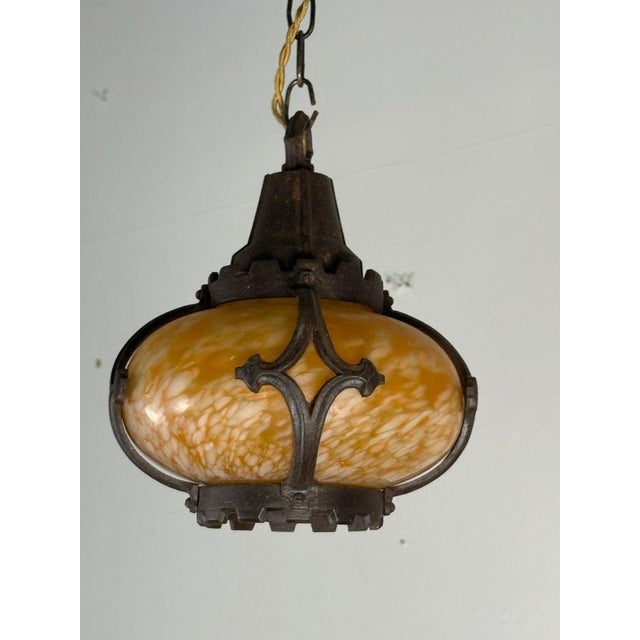 Gothic Pair of Antique Revival Hanging Pendant Lights With Marbled Glass Shades For Sale - Image 3 of 9