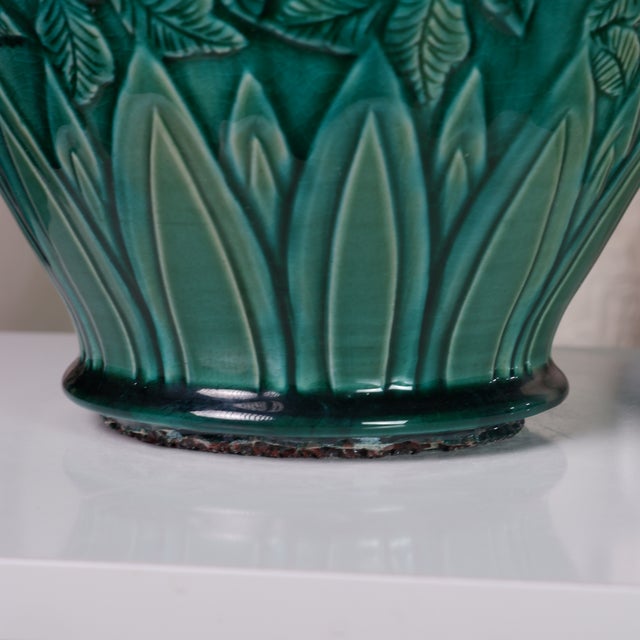 2020s Hand-Carved Botanical Vase With Deep Turquoise-Emerald Glaze by Pottery 12, Hanoi Art Ceramic For Sale - Image 5 of 5
