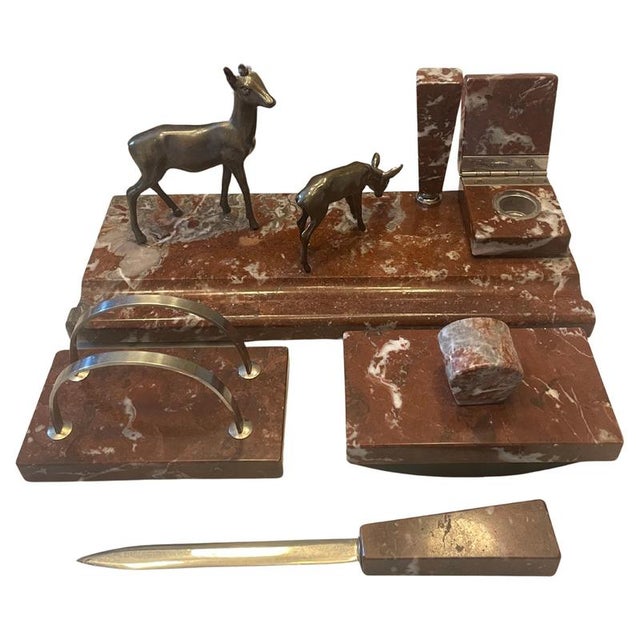 Stone Vintage Swedish Art Deco Red Marble and Bronze Desk Set, 1920s, Set of 5 For Sale - Image 7 of 7