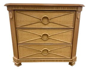Pair Boho Chic Neoclassic Split Reed and Rattan Large Kosugo Side Chests