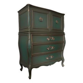 1960s Century French Provincial Bombé Highboy — Hand Finished Forest Green, Bronze, Skull & Rose Damask Interior For Sale