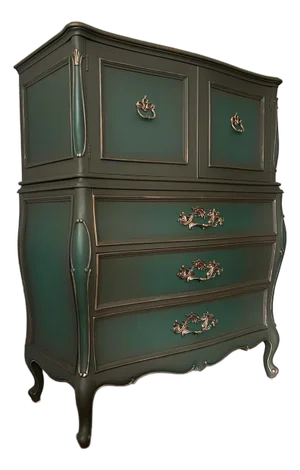 1960s Century French Provincial Bombé Highboy — Hand Finished Forest Green, Bronze, Skull & Rose Damask Interior