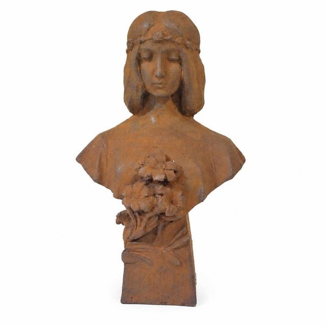 Art Noveau Artist, Female Bust with Flowers, Cast Iron For Sale - Image 9 of 9