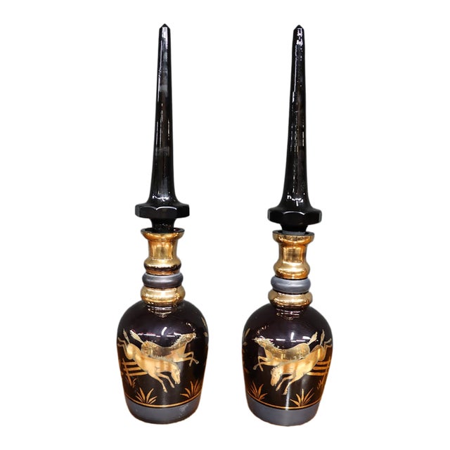 Early 20th Century Royal Purple Art Glass Decanters With Gold Horse Overlay - Pair For Sale