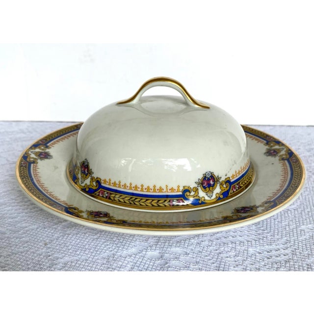 Ceramic 1929 Vintage Union Céramique Limoges 7 Pieces Serving Set with Roses, Blue Band, Yellow Laurel, Gold Rim For Sale - Image 7 of 11