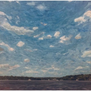 Dancing Clouds by Jim Beckner | Oil Painting of a blue sky with clouds over a lake For Sale