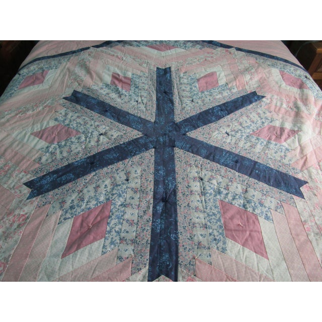 Pink Chrysalis Star Log Cabin Variation Vintage 1980s Patchwork Quilt Cotton Blend For Sale - Image 8 of 17