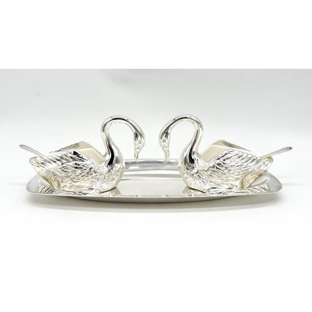 Silver Mid 20th Century Venetian Italian Silver Plated Swan Salt Cellars With Tray & Spoons — Hollywood Regency, Mid-Century Silverplate - Set of 6 For Sale - Image 8 of 16