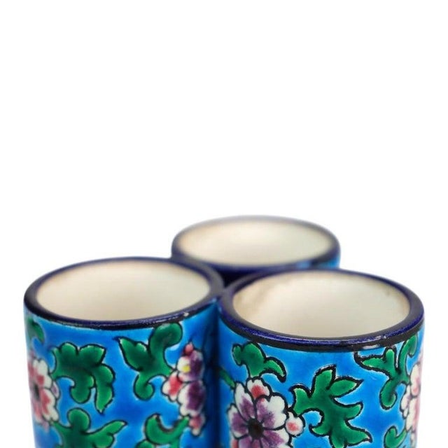 French Longwy Pottery Floral Decorated Triple Bud Vase, Signed, C1900 For Sale - Image 6 of 10