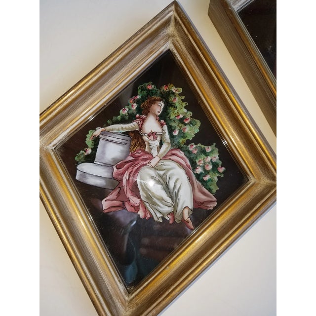 These are probably Borghese. Reverse painted on glass Eglomise of a Lady and a Gentleman. Silver gilt frames.