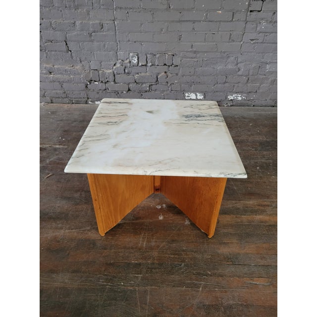 Vintage sculptural geometric wooden side or coffee table with stunning Calcatta marble top. Similar to Frank Lloyd Wright...