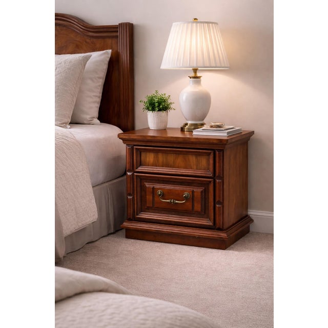 A beautifully preserved 1970s traditional revival nightstand in a rich brown mahogany finish, featuring fluted corner...