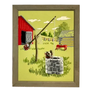 1975 Mid-Century Americana Folk Art Rustic Framed Textile Art, Barn and Well