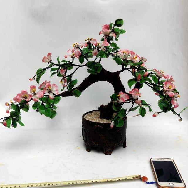 Vintage Lampwork Glass Bonsai Tree – Pink Blossoms & Green Leaves For Sale - Image 4 of 8