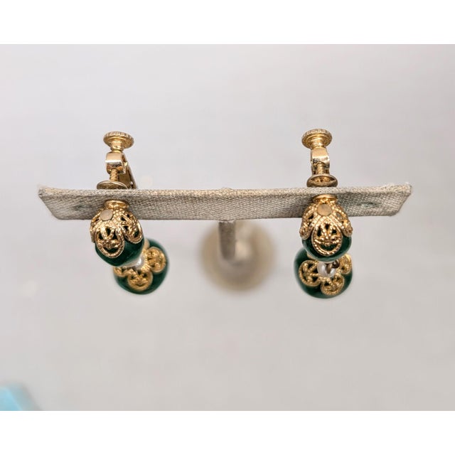 Mid-Century Modern Vintage 1960s Signed Napier Goldtone Faux-Jade Drop Clip Earrings-2 Pieces For Sale - Image 3 of 7