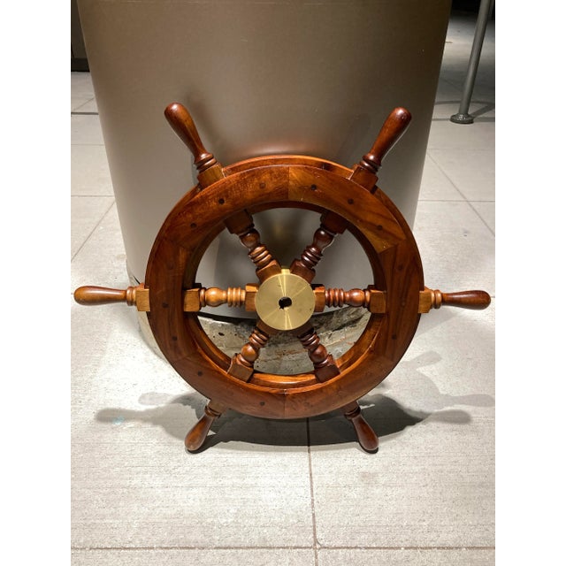 Mid 20th Century Scandinavian Solid Teak Yacht Wheel With Heavy Brass Hub For Sale In Denver - Image 6 of 13