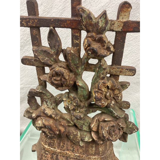 Metal Antique Iron Floral on Trellis in Basket Doorstop For Sale - Image 7 of 8