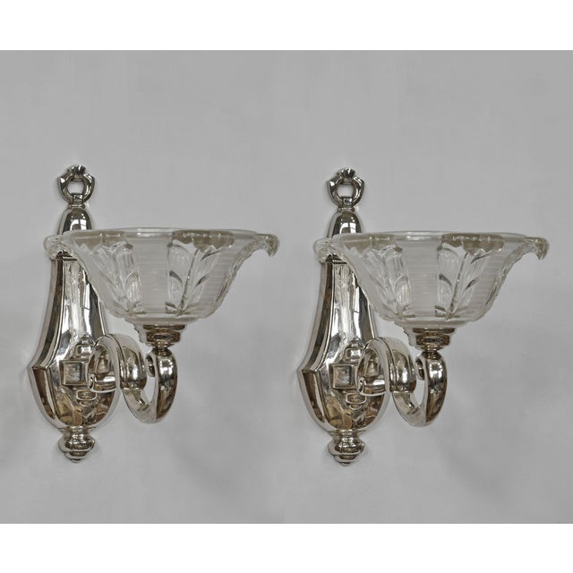 Art Deco 1930s French Art Deco Petitot & Ezan Nickeled Bronze Floral Frosted Glass Wall Sconces - A Pair For Sale - Image 3 of 12