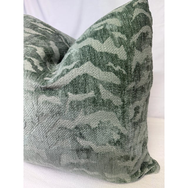 Custom pair of 22" pillows covered in a sage green tiger print chenille fabric. These pillows have tapered corners to...