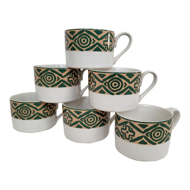 1980s Boho Green & Tan Coffee Mugs- Set of 6 For Sale