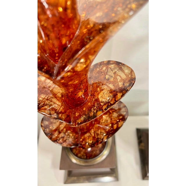 Mid 20th Century Vintage Mid-Century Tony Duquette Style French Red and Gold Leaf Lucite Table Lamps on Marble Bases - A Pair For Sale - Image 5 of 12