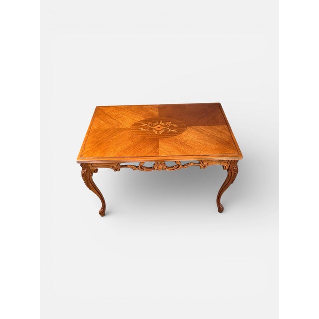 Vintage French Provincial Louis XV Style Walnut Marquetry Coffee Table With Floral Inlay For Sale - Image 9 of 9