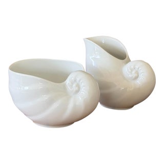 Vintage Hutschenreuther Porcelain Nautilus Shell Sugar Bowl and Creamer Set For Sale