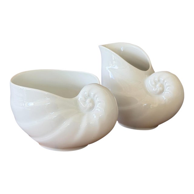 Vintage Hutschenreuther Porcelain Nautilus Shell Sugar Bowl and Creamer Set For Sale