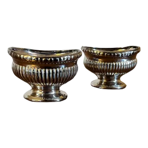 Antique Early 19th Century English Georgian Staffordshire Pottery Silver Luster Open Salt Cellars - a Pair