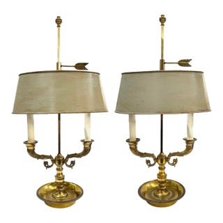 Pair of Vintage Gilt Brass Bouillotte Lamps With French Gray Tole Shades For Sale