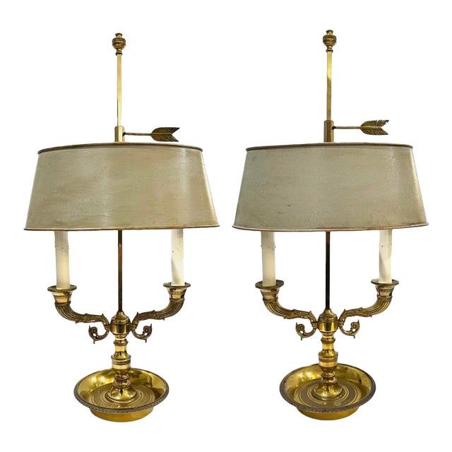 Pair of Vintage Gilt Brass Bouillotte Lamps With French Gray Tole Shades For Sale