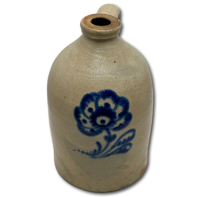 Ceramic Outstanding Mid 1800s Antique American Blue Flower Decorated Stoneware 1 Gallon Jug in Excellent Condition. For Sale - Image 7 of 18