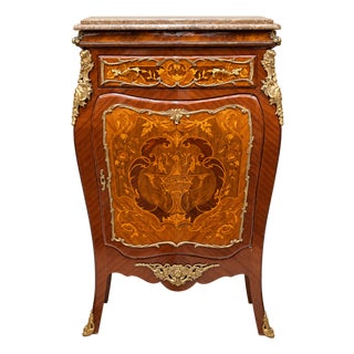French Louis XVI-Inspired Commode – Elegant Marquetry Cabinet With Marble Top & Gilded Gold Leaf Details For Sale