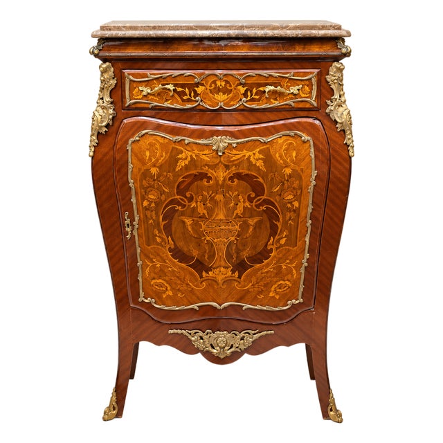 French Louis XVI-Inspired Commode – Elegant Marquetry Cabinet With Marble Top & Gilded Gold Leaf Details For Sale