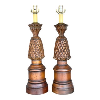 Vintage Boho Hand Carved Pineapple Lamps - a Pair For Sale