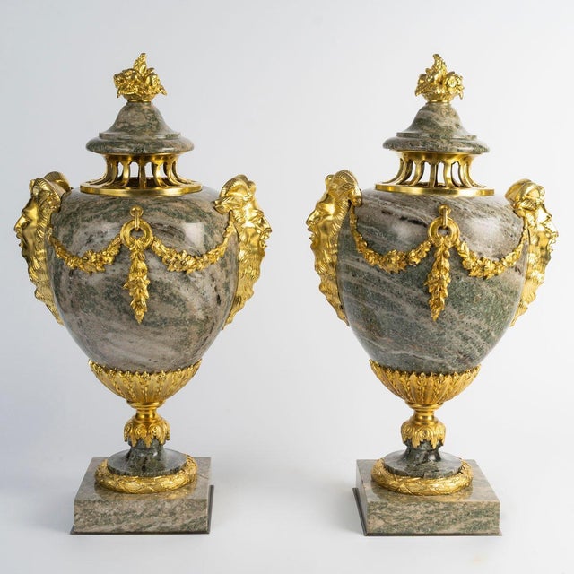 Pair of green granite cassolettes with gilded bronze, louis xvi style, 19th century, napoleon iii period. Pair of 19th-...