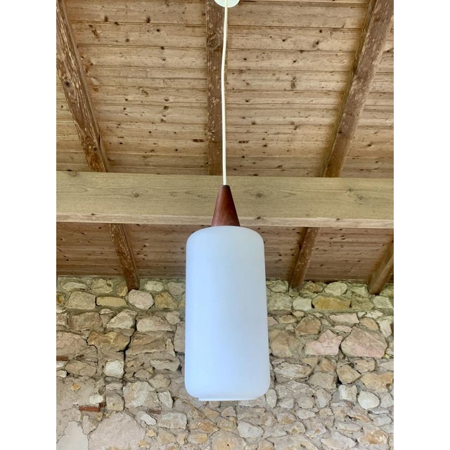 Mid-Century Modern Scandinavian Opaline and Teak Pendant Lamp, 1960s For Sale - Image 3 of 17
