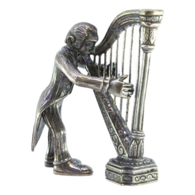 Silver Figure of Musician Playing the Harp For Sale