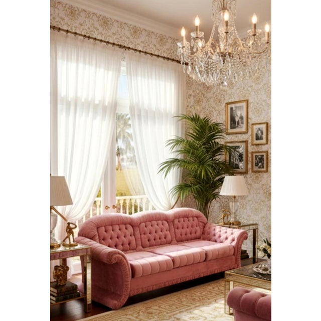 Vintage Tufted Hollywood Regency Dorothy Draper Style Velvet Dusty Rose Upholstered Rolled Arms Long Sofa For Sale - Image 12 of 13